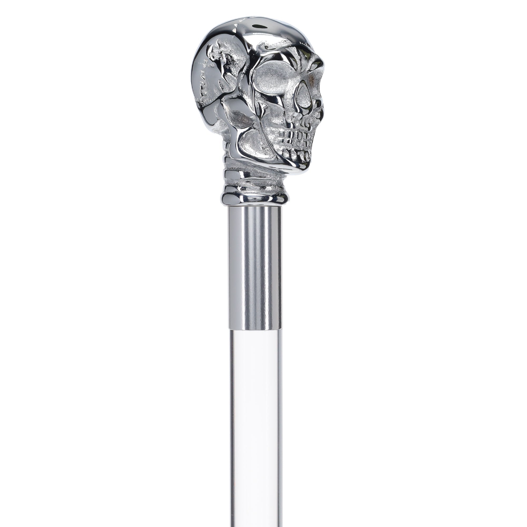 Scratch and Dent Chrome Plated Skull Handle Walking Cane w/ Lucite Shaft & Gold Collar V2058 Buy Cheap Hot Sale