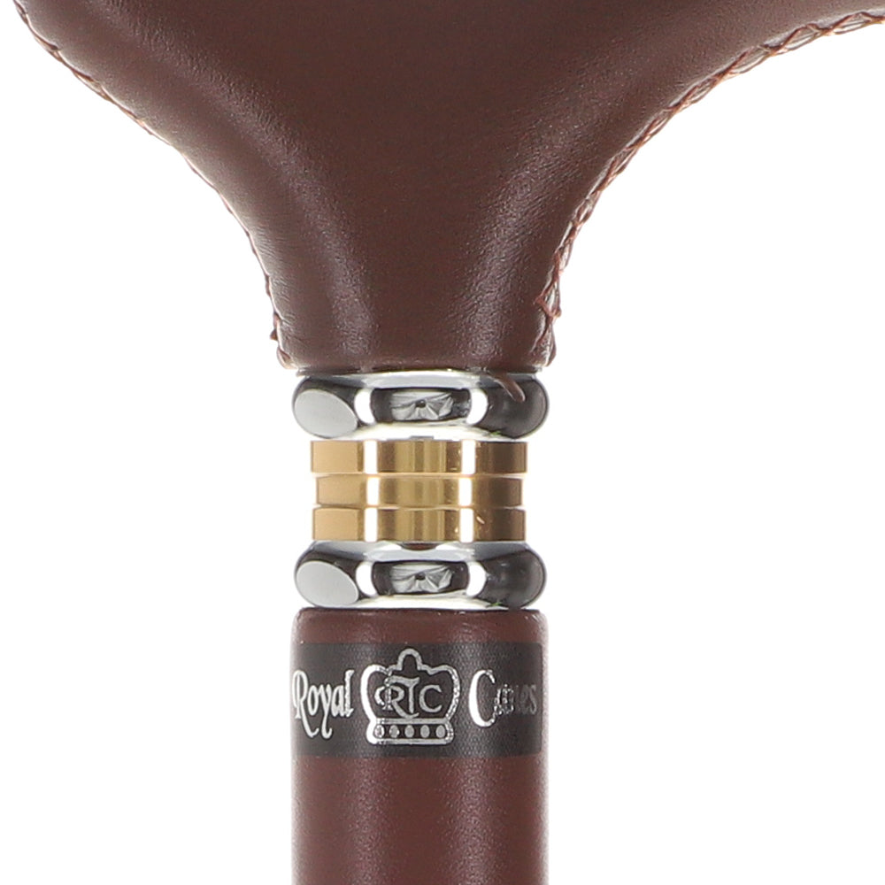 Scratch and Dent Brown Leather Wrapped Derby Walking Cane With Leather Shaft and Two Tone Collar V1266 Cheap Sale Manchester