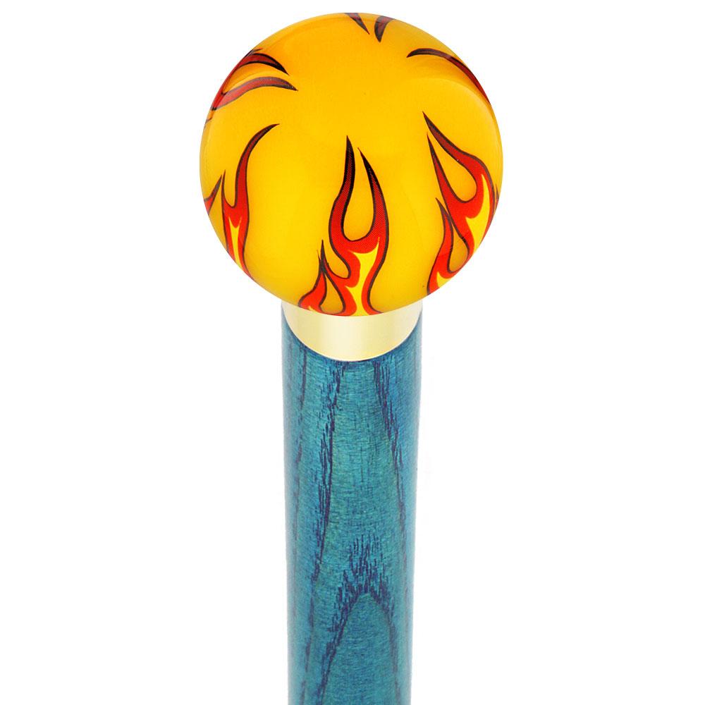 Burst of Flames Yellow Round Knob Cane w/ Custom Color Ash Shaft & Collar Original Cheap Pice