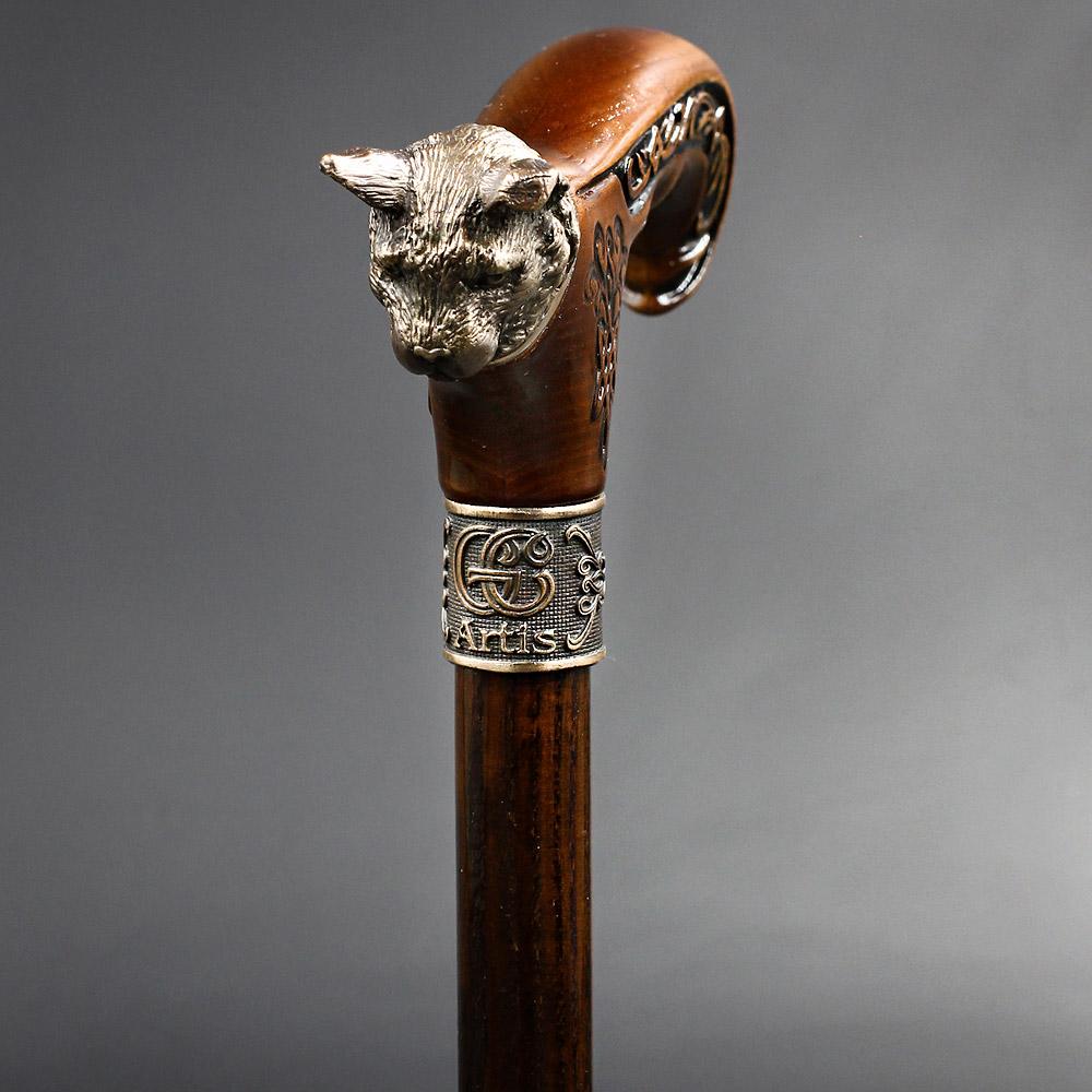 Mystical Cat with Bronze Head: Handcarved Cane with Collar With Paypal For Sale