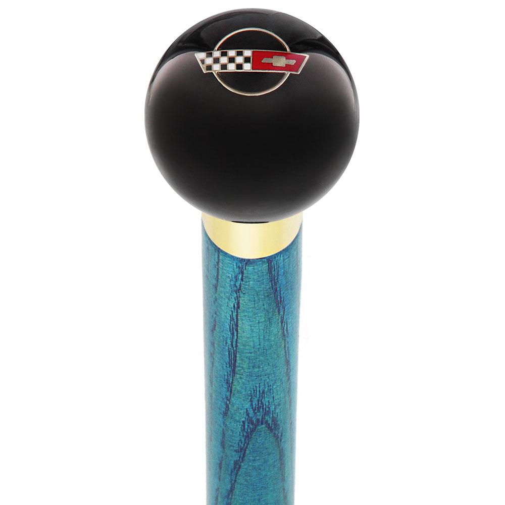 Licensed Corvette Side by Side Flags Emblem Black Round Knob Cane w/ Custom Color Ash Shaft & Collar Visit