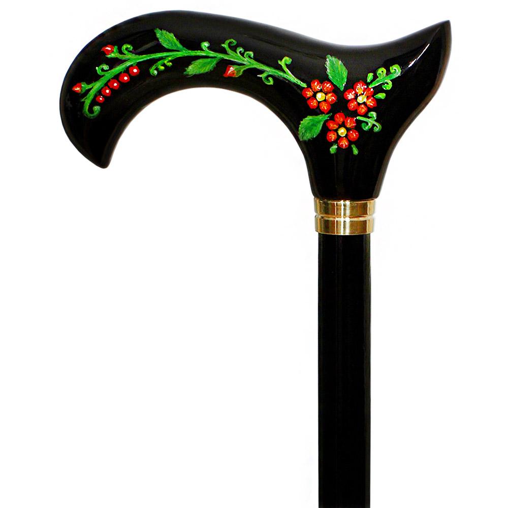 Exquisite Handpainted Flowers on Elegant Black Derby Wood Cane Cheap Sale Professional