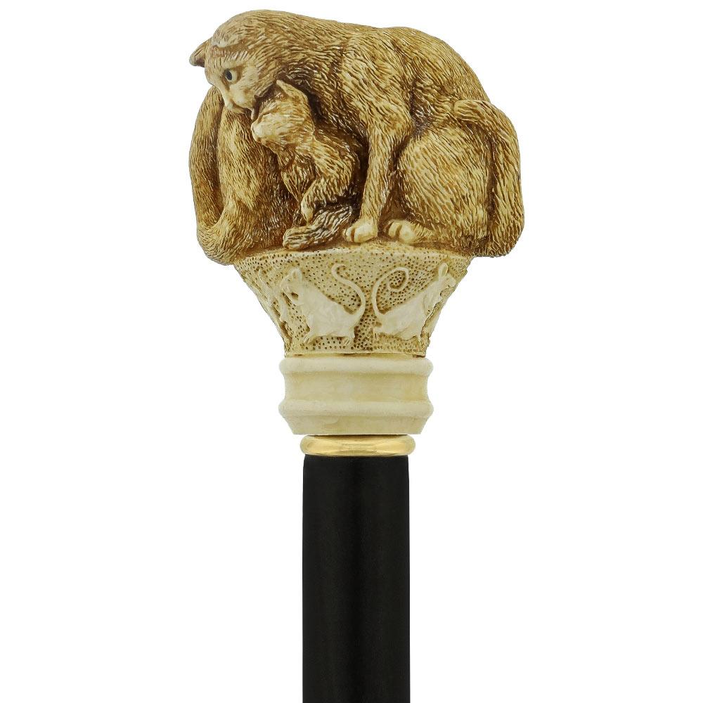 Comoys Double Feline Cat Handle Walking Cane w/ Custom Shaft and Collar Sale With Mastercard