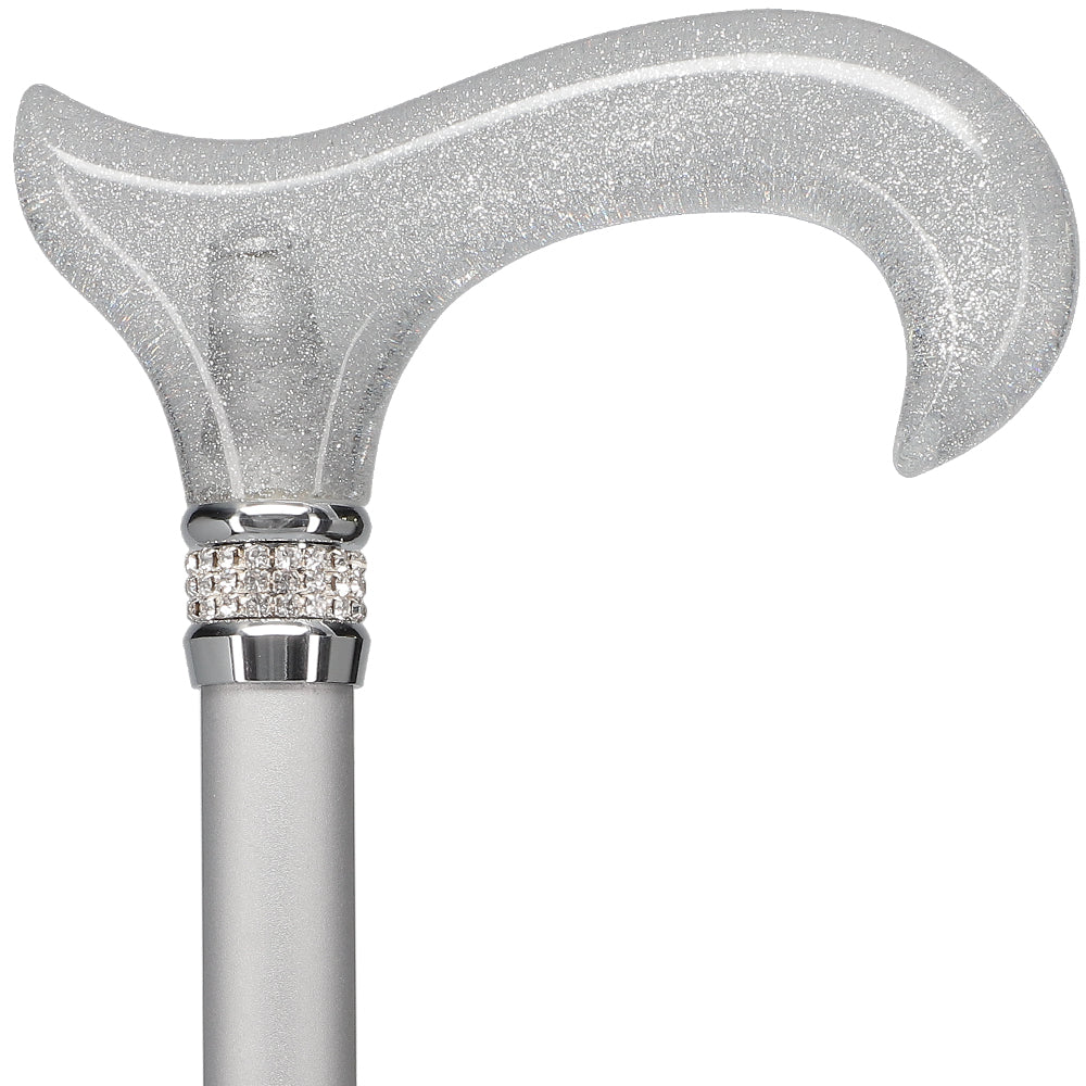 Platinum Sparkle Designer Glitter Derby Handle Walking Cane w/ Rhinestone Collar Free Shipping For Sale