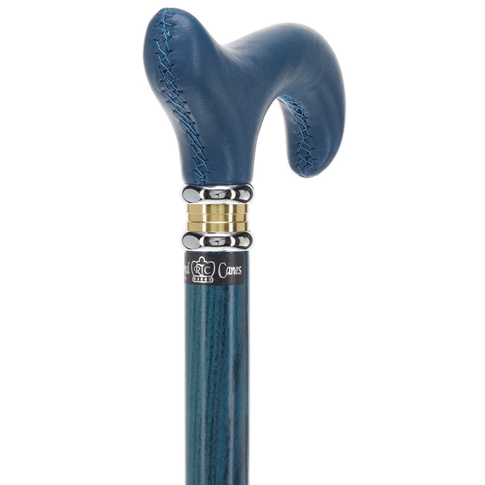 Blue Leather Derby Walking Cane With Blue Stained Ash Wood Shaft and Two-tone Collar Outlet Wiki