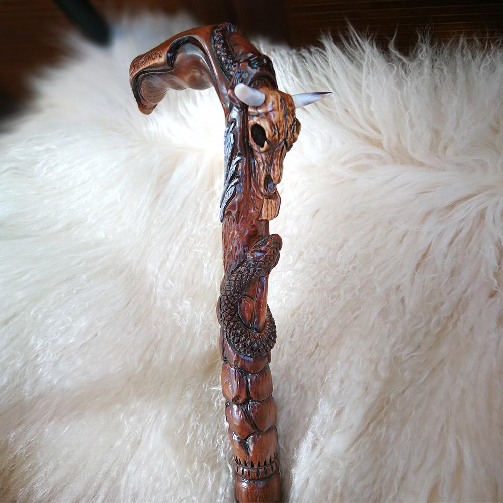 Buffalo Skull Snake: Artisan Intricate Handcarved Wood Cane Discount Professional