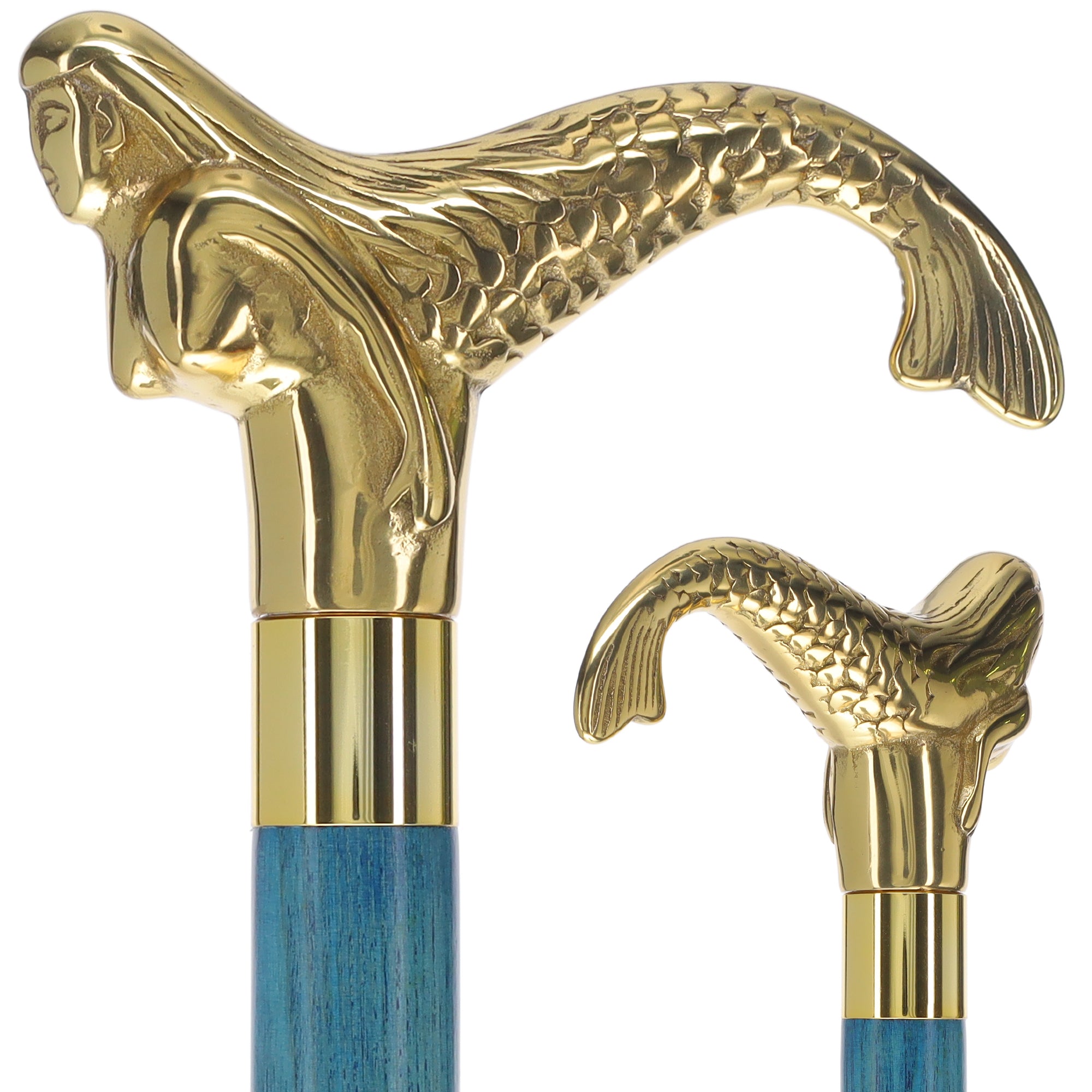 Brass Mermaid Handle Walking Cane w/ Custom Color Stained Ash Shaft & Collar Cheap Free Shipping