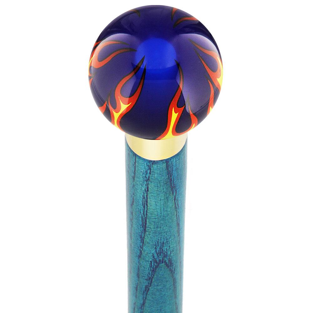 Burst of Flames Blue Transparent Round Knob Cane w/ Custom Color Ash Shaft & Collar Official Site