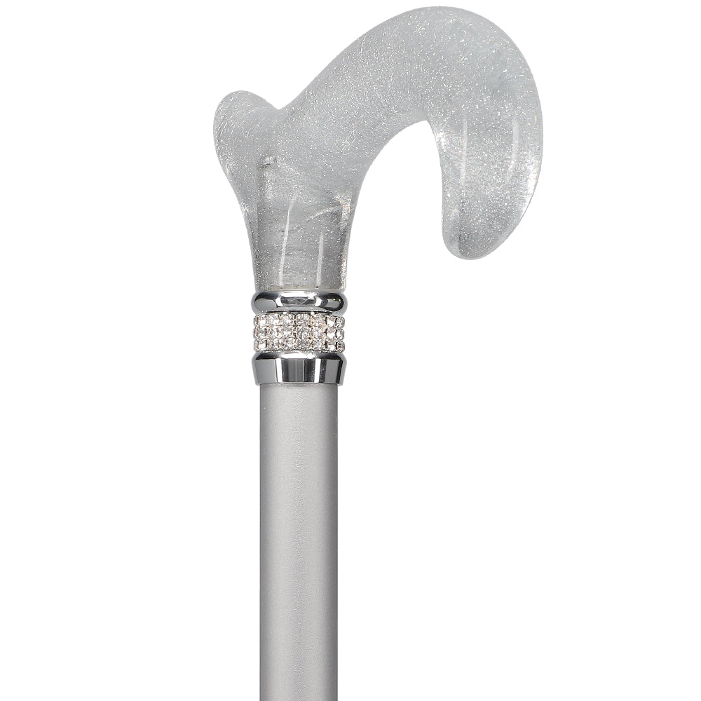 Platinum Sparkle Designer Glitter Derby Handle Walking Cane w/ Rhinestone Collar Free Shipping For Sale