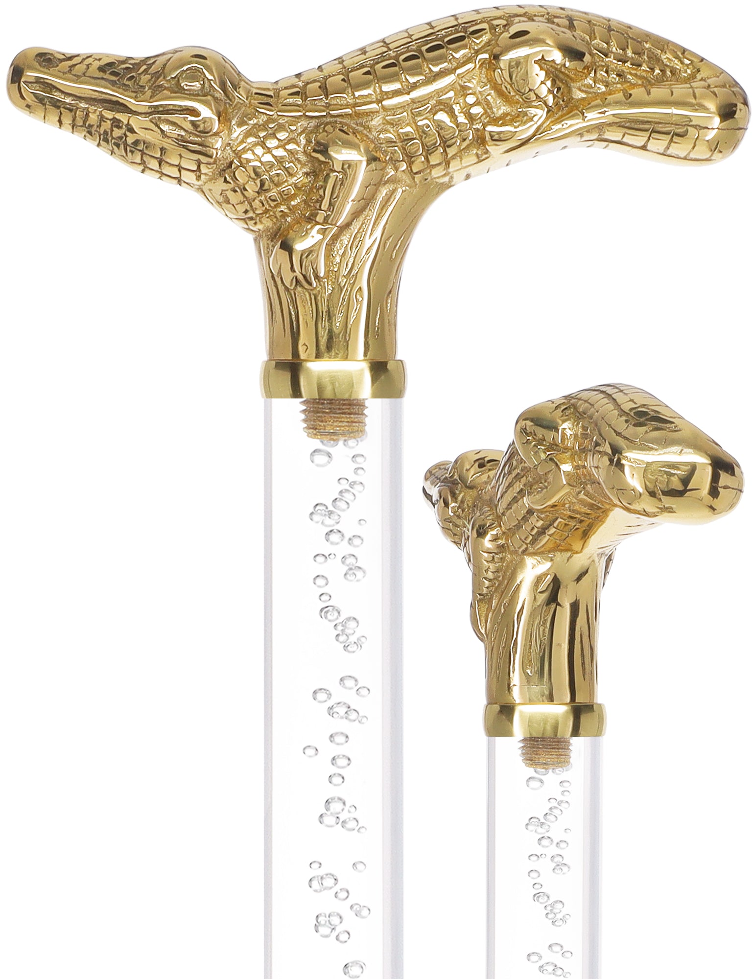 Crystal Elegance Brass Alligator Cane with Invisible Acrylic Shaft Options Low Pice For Sale