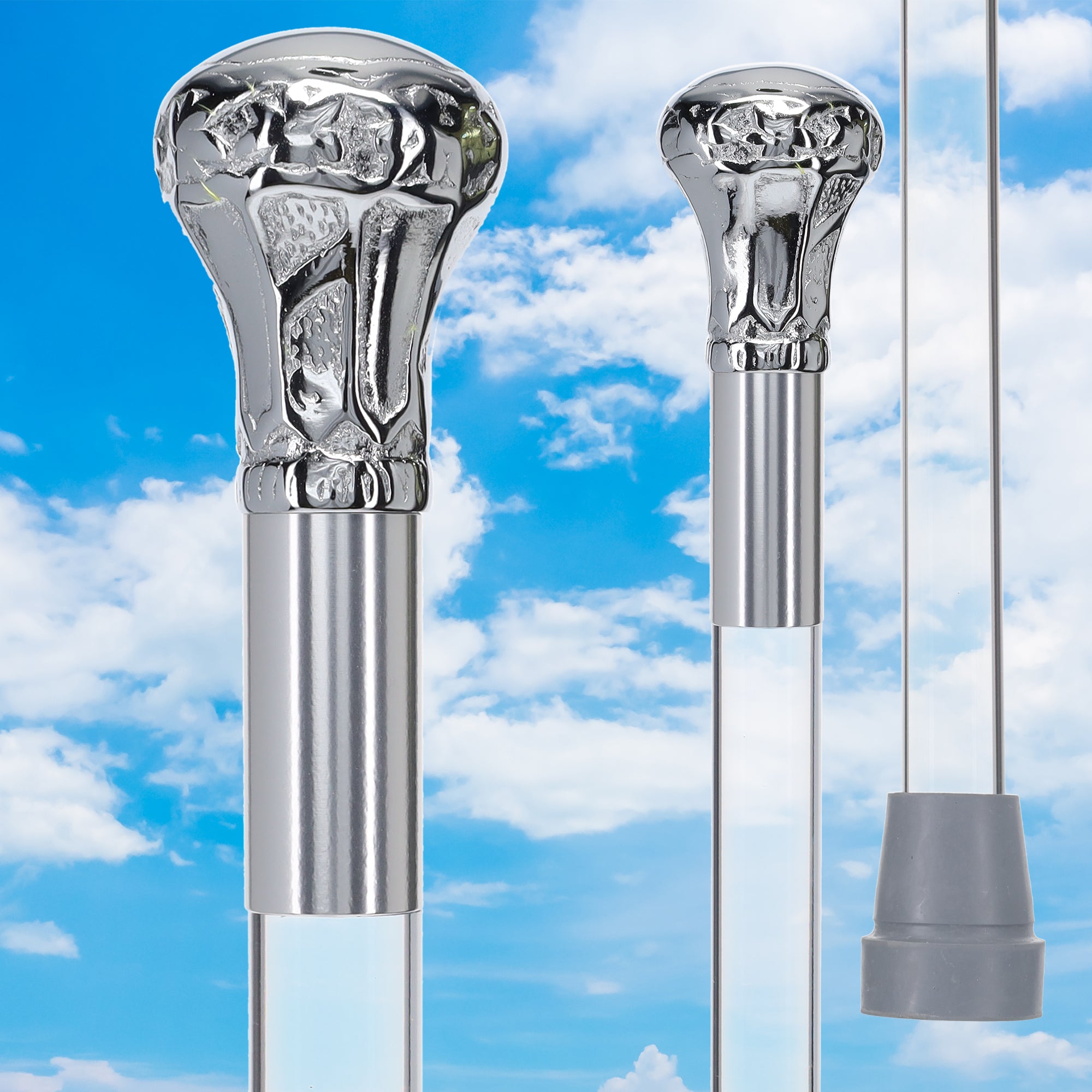 Scratch and Dent Chrome Plated Knob Handle Walking Cane w/ Lucite Shaft & Gold Collar V2103 Clearance Classic