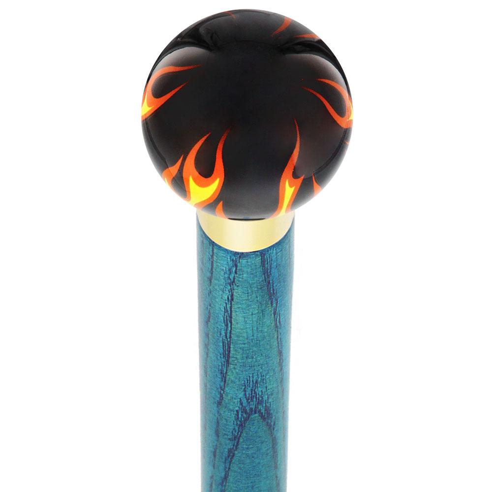 Burst of Flames Black Round Knob Cane w/ Custom Color Ash Shaft & Collar Outlet Fashionable