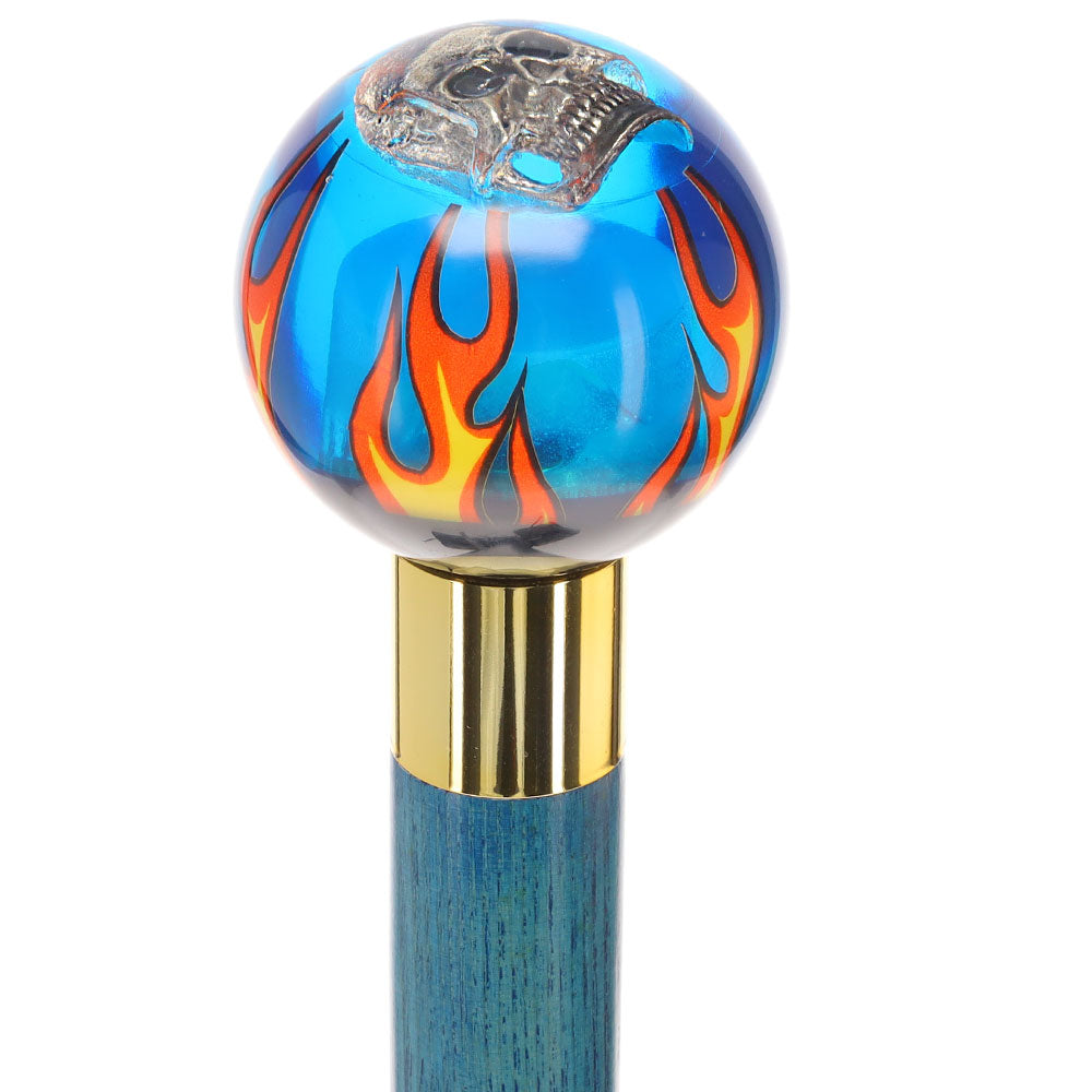 Blue Flame with Skull Round Knob Cane w/ Custom Color Ash Shaft & Collar Free Shipping Cost