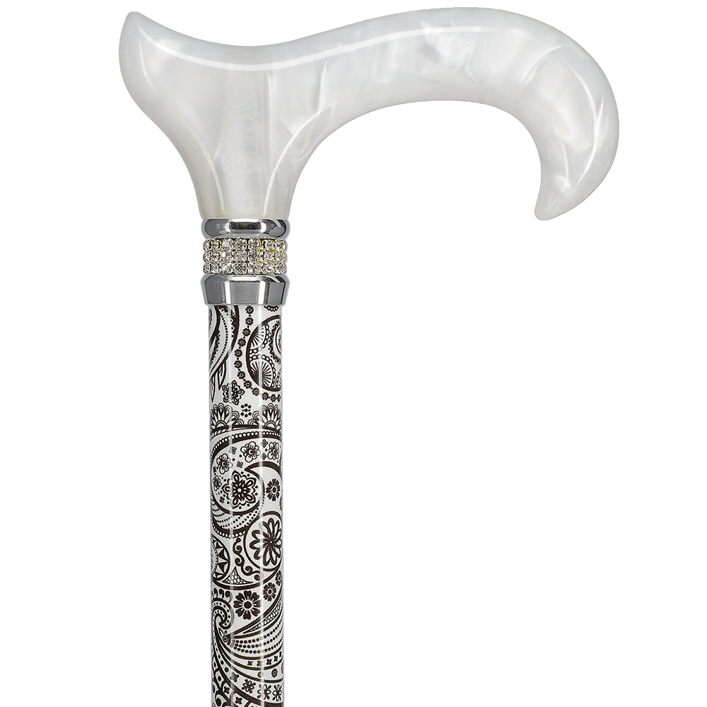 Scratch and Dent White Pearlz w/ Rhinestone Collar and Black Swirl Designer Adjustable Cane V1694 Cheap Sale Looking For