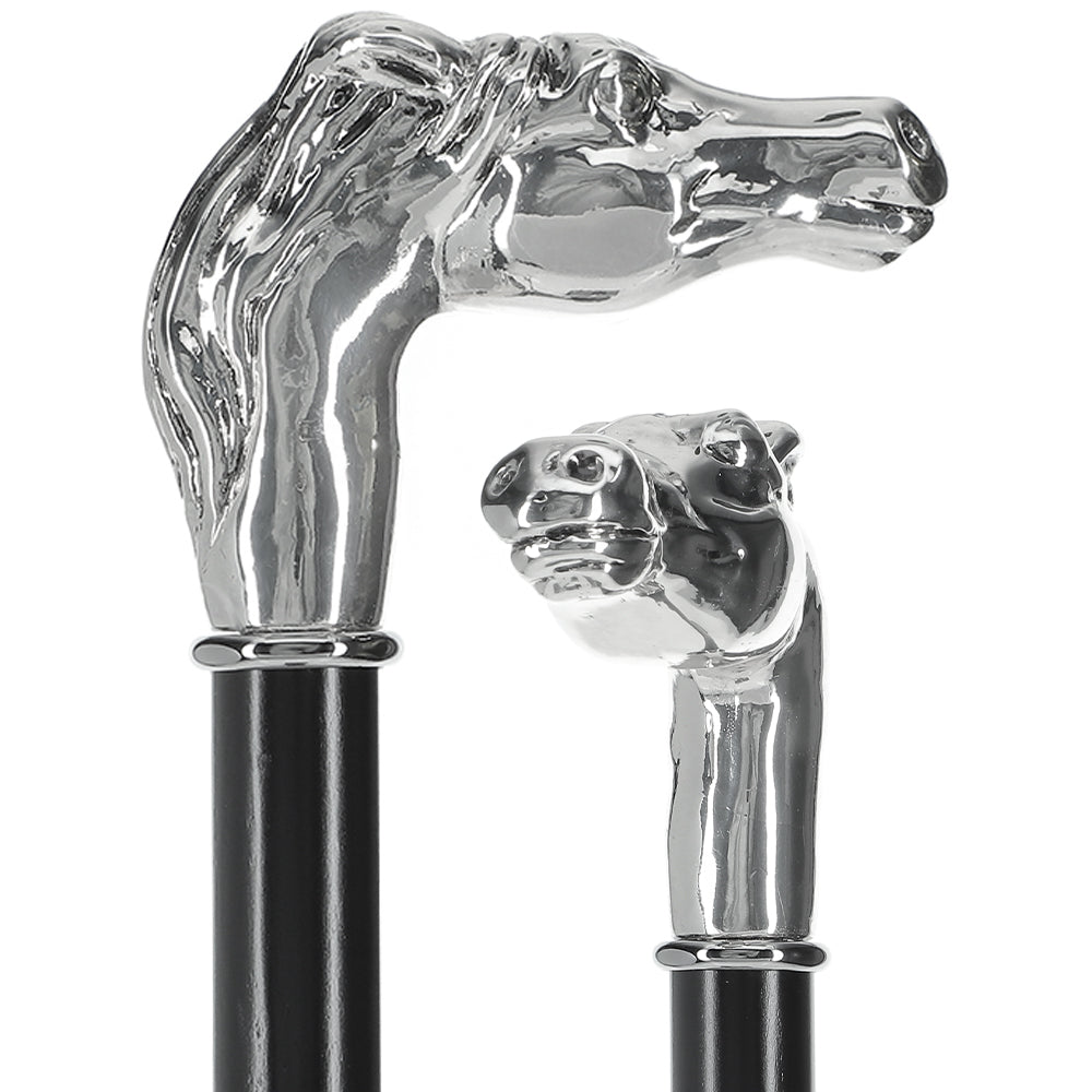 Silver 925r Horse Walking Cane with Black Beechwood Shaft and Collar Perfect Sale Online