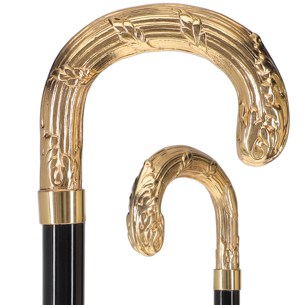 24K Gold Plated Ribbed Wheat Tourist Handle Walking Cane with Black Beechwood Shaft and Collar Outlet Shop