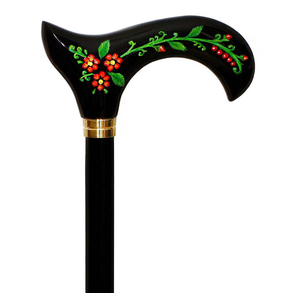 Exquisite Handpainted Flowers on Elegant Black Derby Wood Cane Cheap Sale Professional