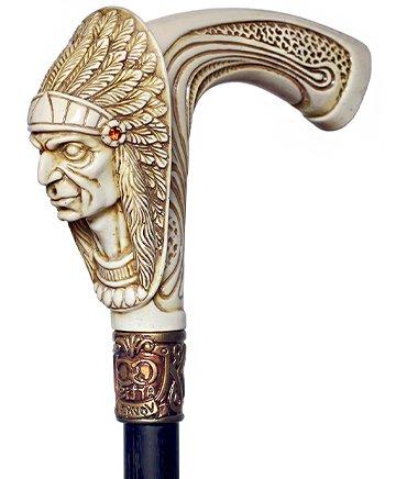 Scratch and Dent American Indian Chief Ivory Color Handle Cane w/ Wood Shaft & Bronze Collar V2348 Pay With Visa Sale Online