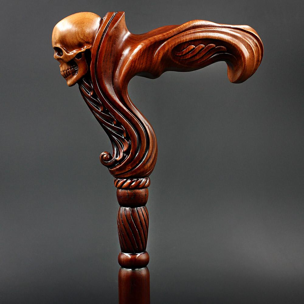 Skull Head: Artisan Intricate Handcarved Wood Cane (Right Hand) Cheap Pice Store