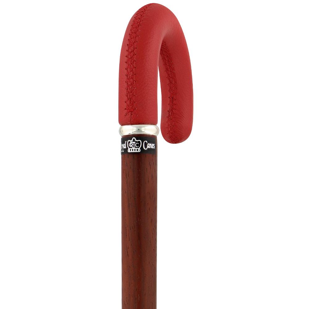 Scratch and Dent Burgundy Leather Tourist Walking Cane With Padauk Wood Shaft and Silver Collar V1579 Discount For Nice