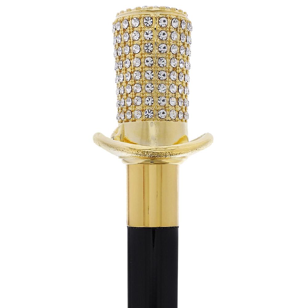 Gold Plated Top Hat with Swarovski Crystals w/ Black Beechwood Shaft and Gold collar Outlet Largest Supplier