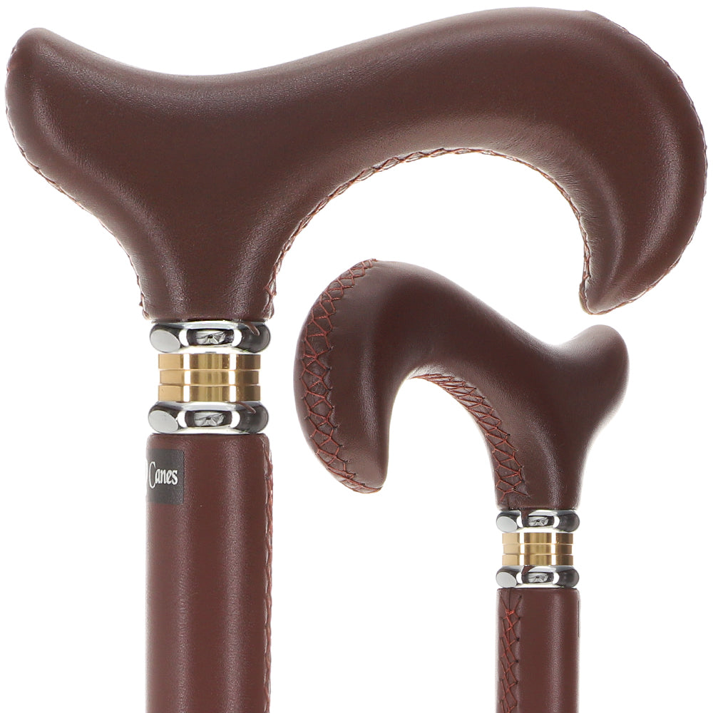 Scratch and Dent Brown Leather Wrapped Derby Walking Cane With Leather Shaft and Two Tone Collar V1266 Cheap Sale Manchester