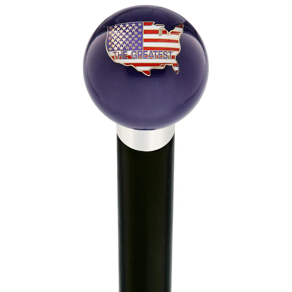 U.S.A Country Flag Translucent Blue Round Knob Cane w/ Custom Wood Shaft & Collar Visa Payment Cheap Pice