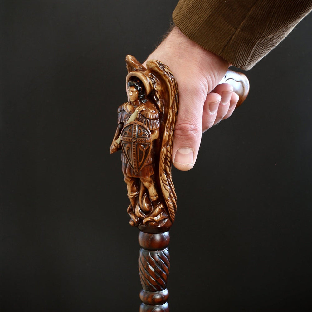 Archangel Michael Artisan Intricate Hand-Carved Walking Cane (Dark Wood) Discount For Cheap
