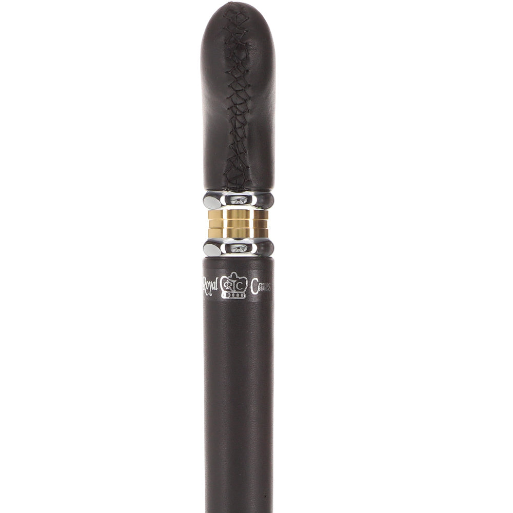 Scratch and Dent Black Leather Wrapped Derby Walking Cane With Leather Shaft and Two Tone Collar V1232 Online Online Cheap Pice