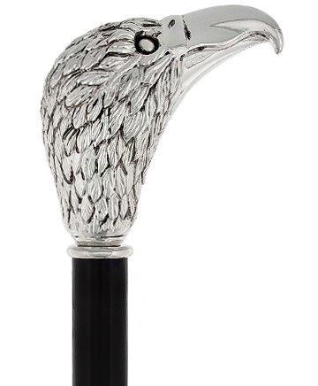 Scratch and Dent Silver 925r Hawk Head Walking Cane with Stained Beechwood Shaft and Collar V1932 Sale With Credit Card